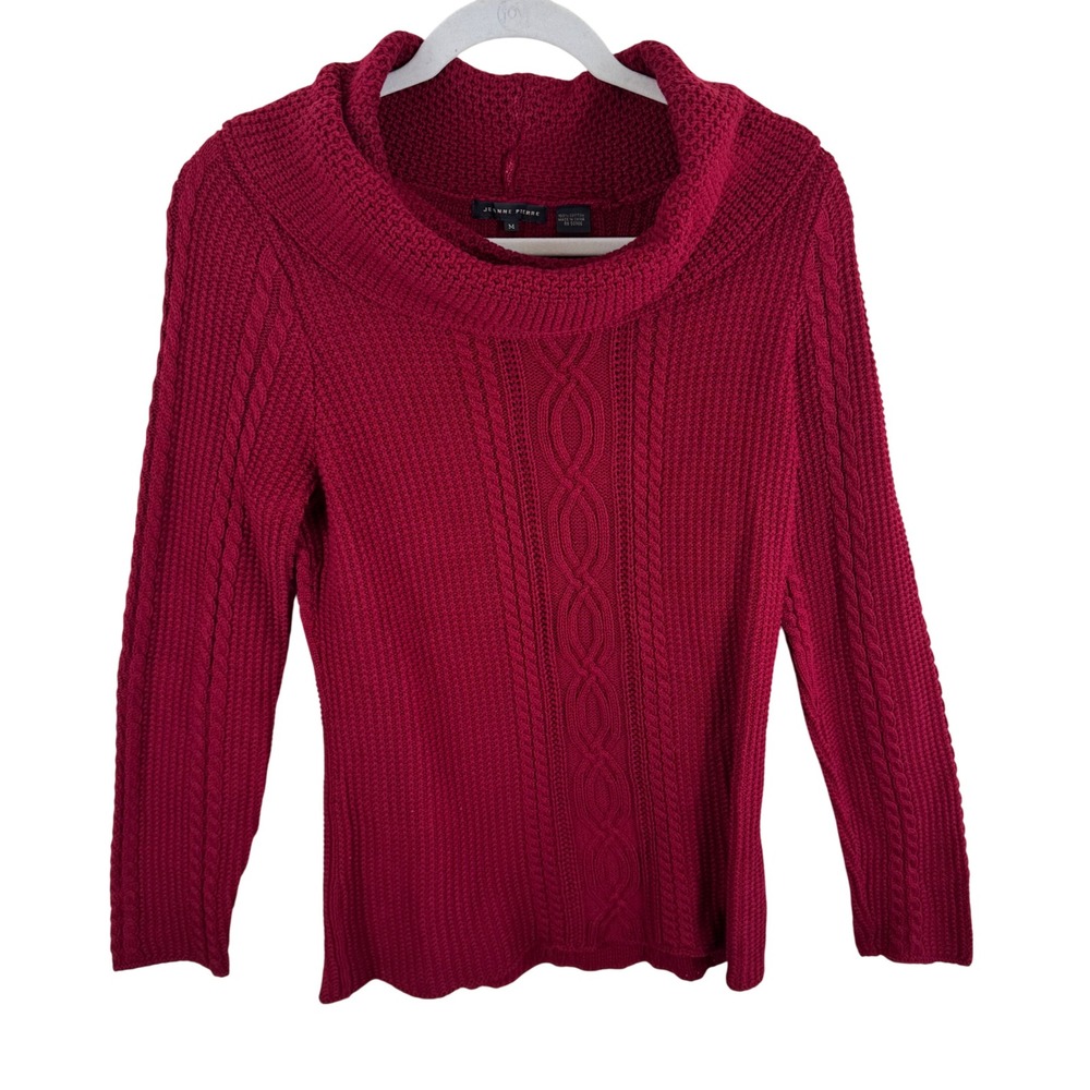 Jeanne Pierre Red 100% Cotton Cable Knit Cowl Neck Sweater Womens Medium